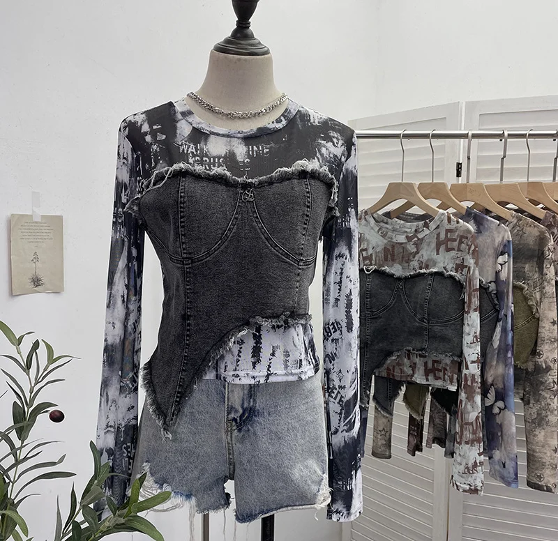 Uveng Solid Shooting Tie-Dye Print Spliced Denim T-Shirt Girl Autumn Design Sense Irregular Hair Side Short-Sleeved Top 2617