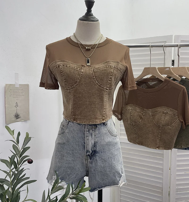 Uveng Real Shooting 2024 Summer Denim Splicing Mesh Yarn Short-Sleeved T-Shirt Design Fake Two Hot Girl Short Top 26231