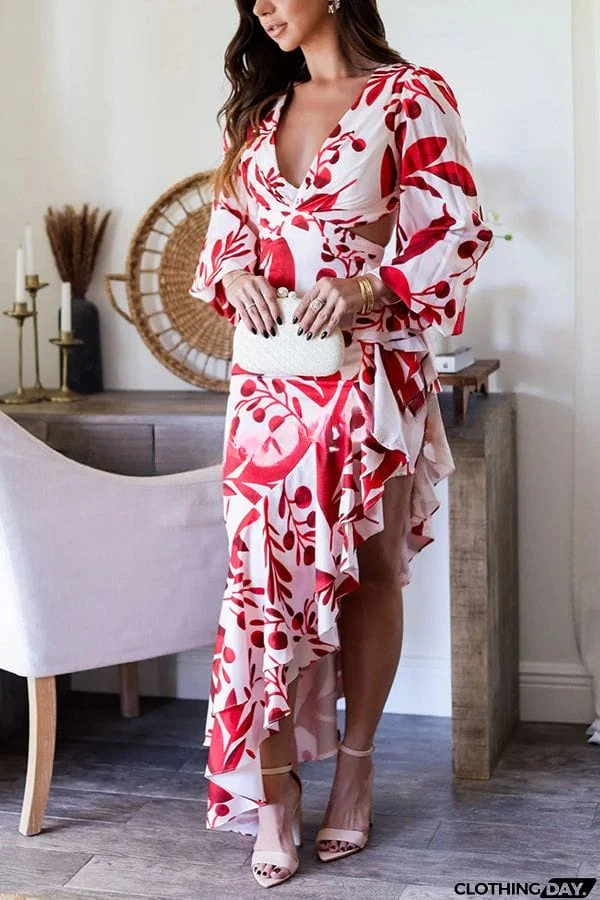 Ready for A Formal Night Tie Dye Print Gorgeous Ruffles Backless Slit Maxi Dress