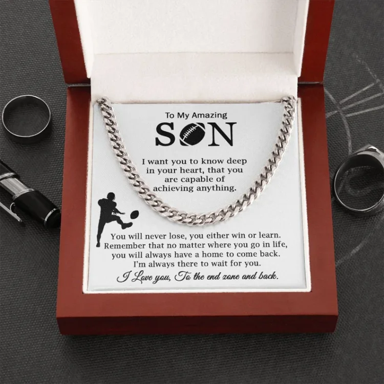 To My Son Cuban Chain Necklace Stainless Steel Necklace Set Gift "I love you, to the end zone and back"