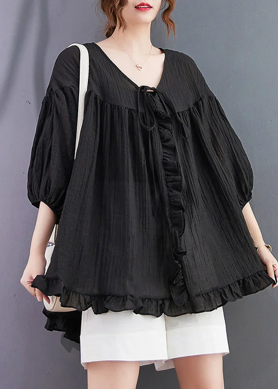 Italian Black Ruffled Lace Up Cotton Shirt Top Lantern Sleeve