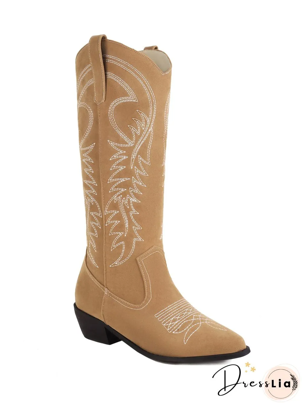 Embroidered Panel Plush Warm Pointed-Toe Cowboy Boots