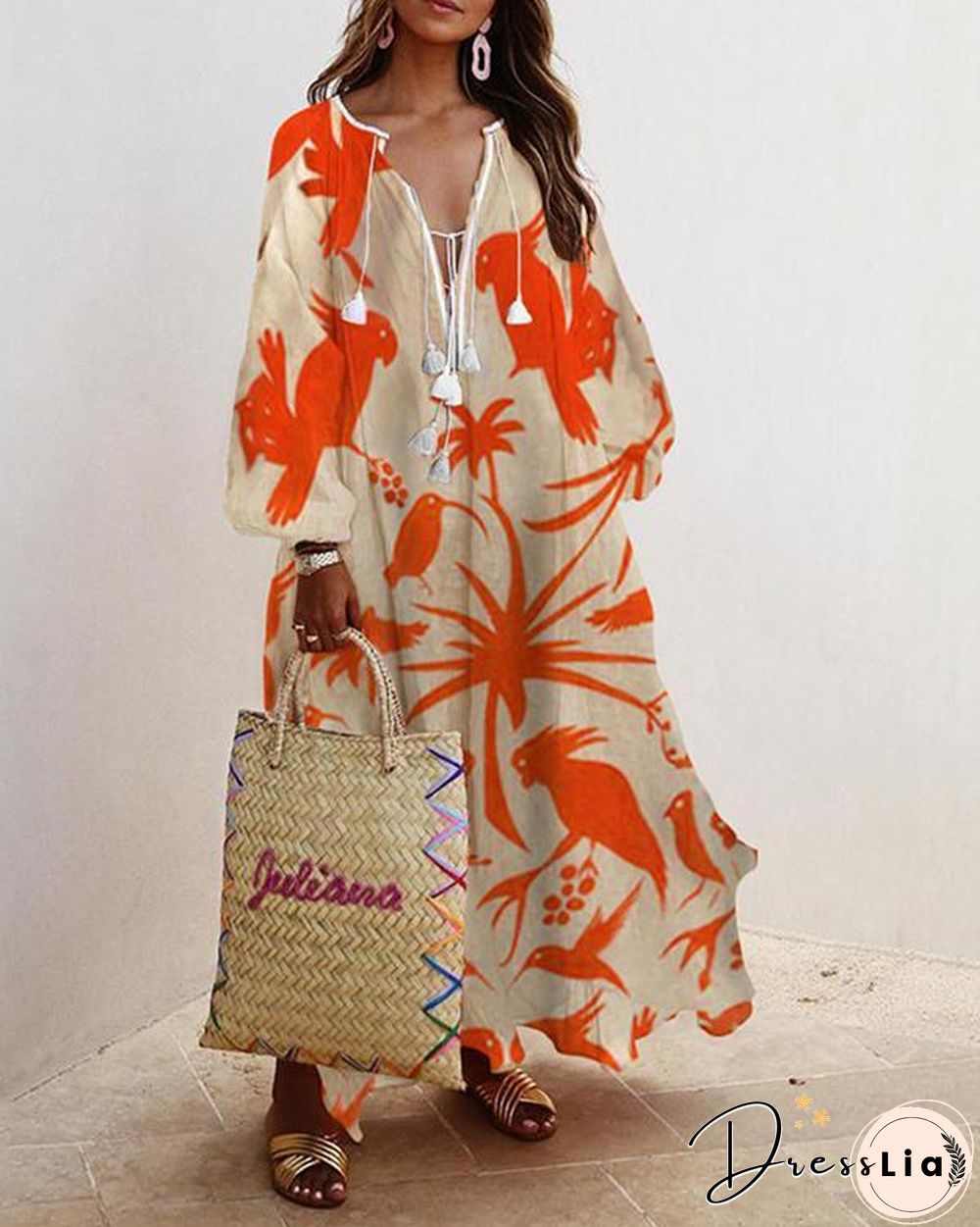 Plus Size Dress Balloon Sleeves Boho Printed Maxi Dresses