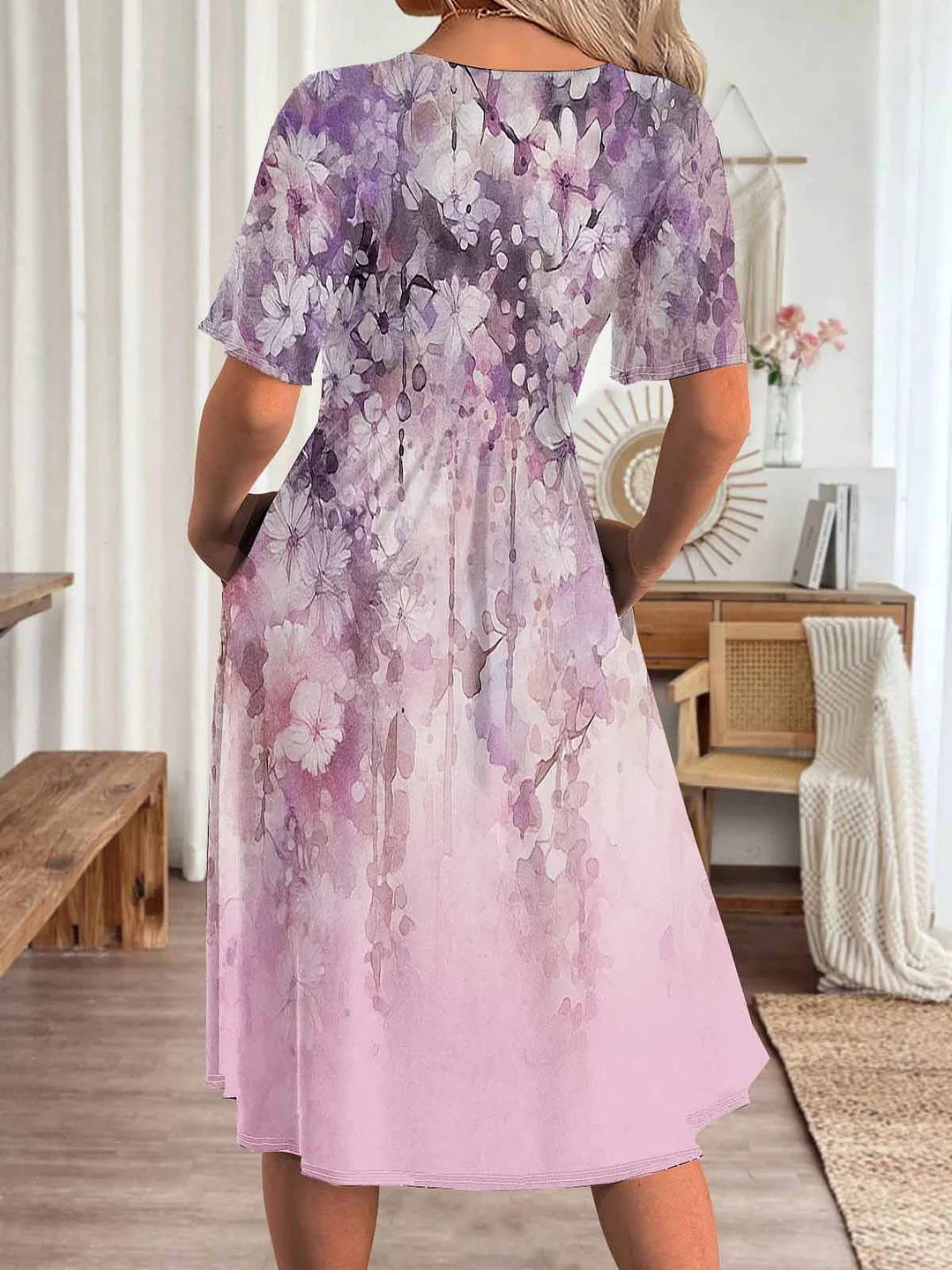 Women Floral,Pink DZHA8109 Short Sleeve Scoop Neck Graphic Printed Hollow Midi Dress