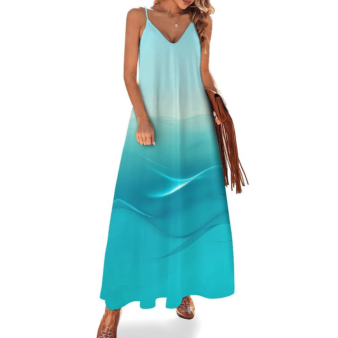 Style & Comfort for Mature Women Plus Size Printed Sling Casual Women Maxi Dress in Pattern Geometry, Green, Turquoise