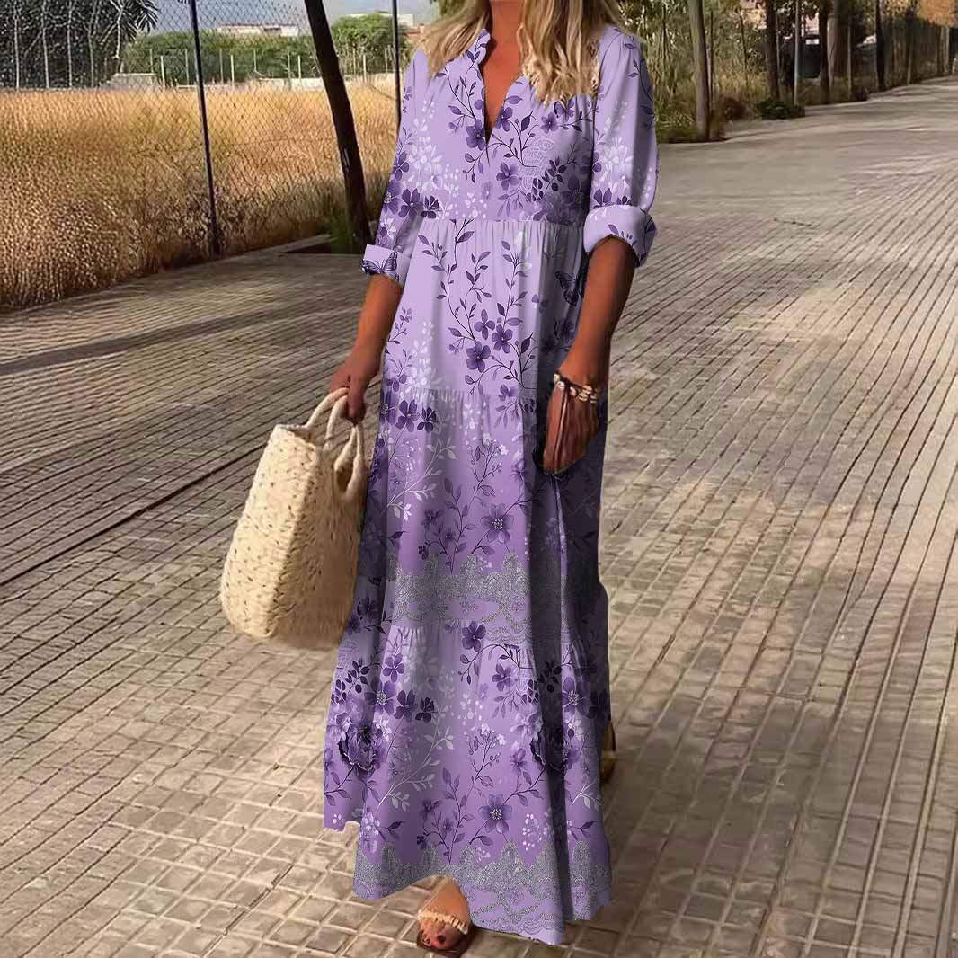 Women Floral, Butterfly, Purple DZDN1051 SPU Printed Long Sleeve V-neck Maxi Dress