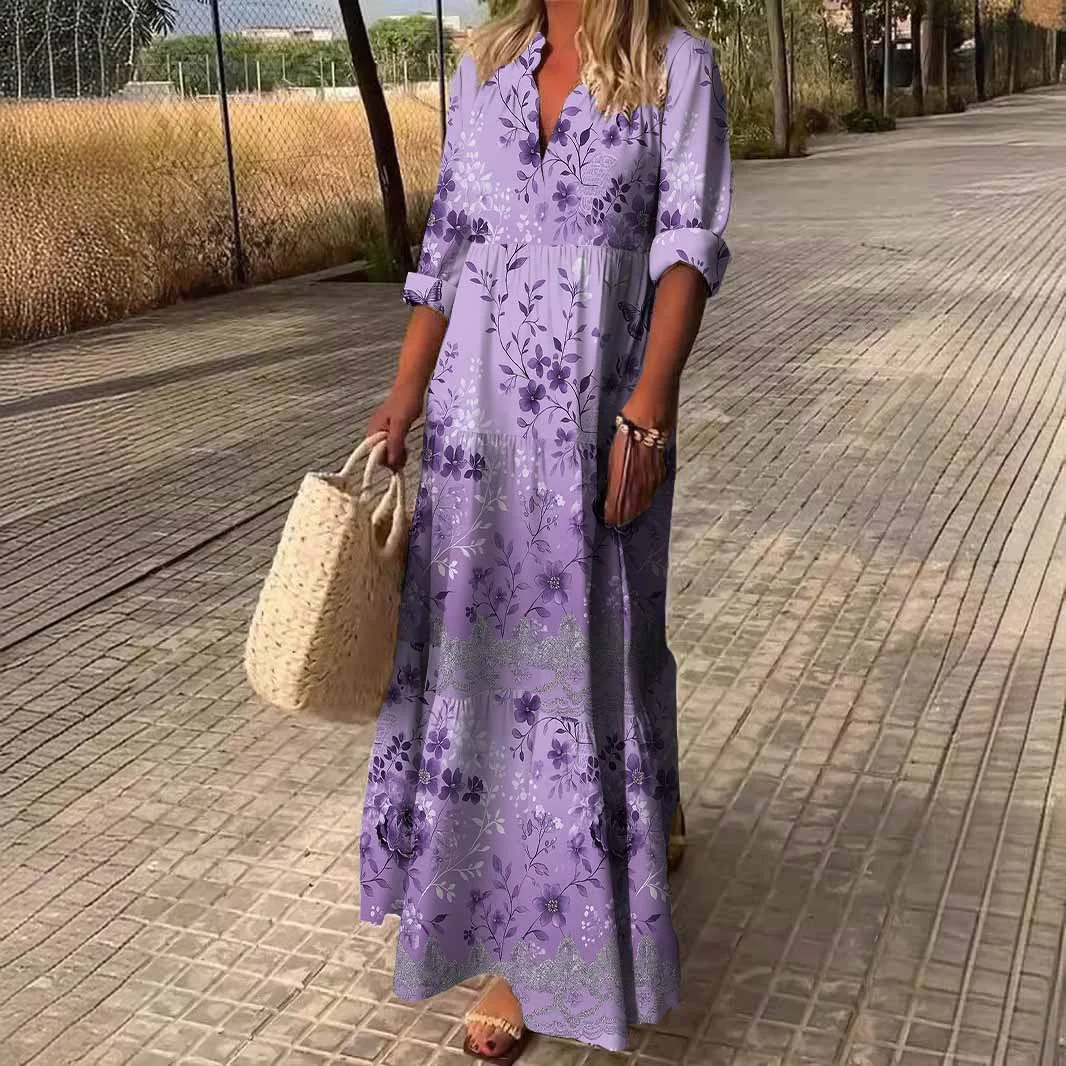 Women Floral, Butterfly, Purple DZDN1051 SPU Printed Long Sleeve V-neck Maxi Dress