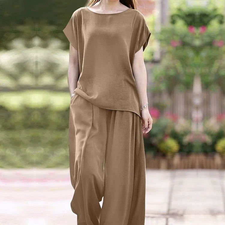 Loose Short Sleeve Top and Wide Leg Pants Suits