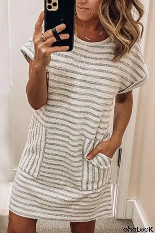 Big Pockets Striped Shirt Dress