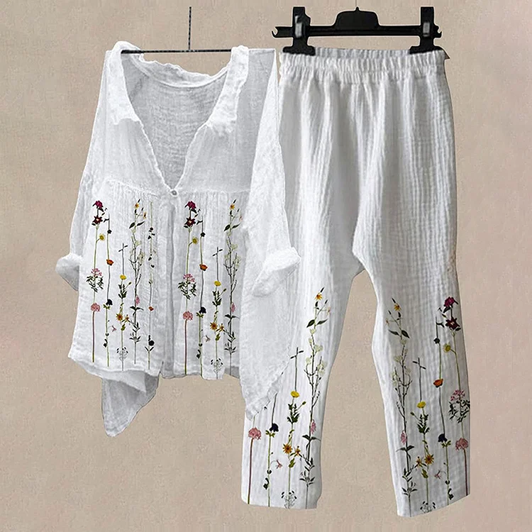 VChics Retro Flower Pattern Cotton Linen Casual V-Neck Shirts And Trousers Set
