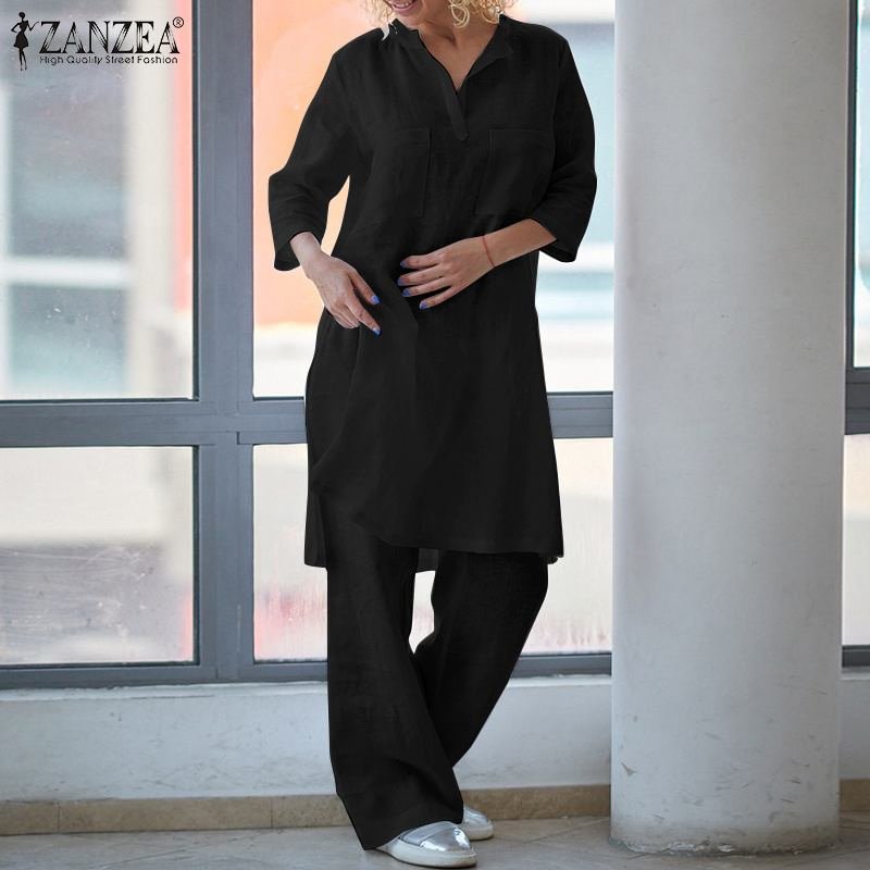 2PCS Women Autumn Suits Fashion Solid 3/4 Sleeve Matching SetsWide Leg Trousers Cotton Pant Sets Oversize  Casual Loose Blouse