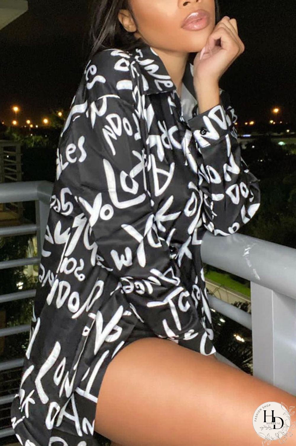 Black Fashion Casual Print Basic Turndown Collar Tops