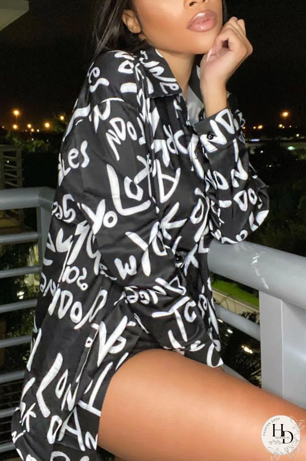 Black Fashion Casual Print Basic Turndown Collar Tops