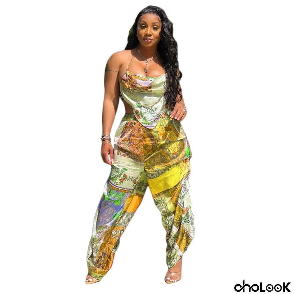 Women's Summer Print Crop Top and Pants Sexy Nightclub Suit