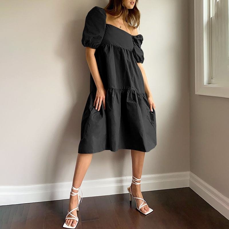 2021 Celmia Summer Square Collar Sexy Dress Women Fashion Solid  Bow Lace Up Backless Vestidos Puff Sleeve Casual Midi Sundress