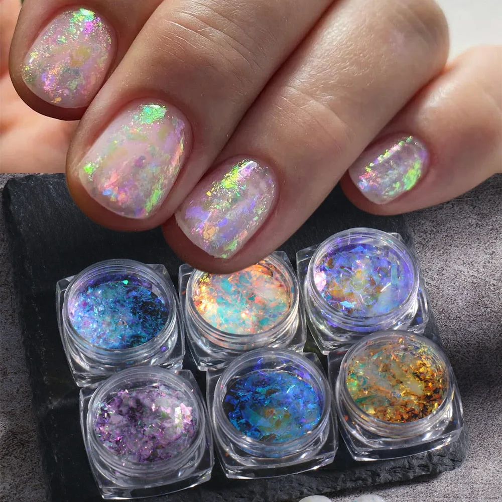 Xpoko back to school  Nail Glitter Set Opal Flakes For Nails Pink Mermaid Rubbing Powder Iridescent Dust Sequins Reflective Manicure Decor GLXR01-07-1