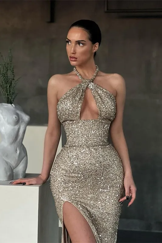Mermaid Halter Sheath Satin Fabric With Train Split Front Formal Party Dresses Evening Dres