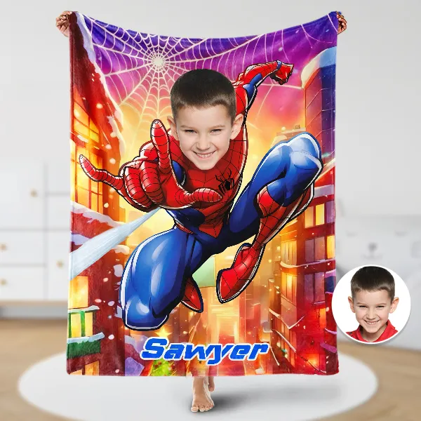 Custom Merry Christmas Spider Boy Blankets Personalized Face & Name Xmas Hero Blanket Gifts For Boys