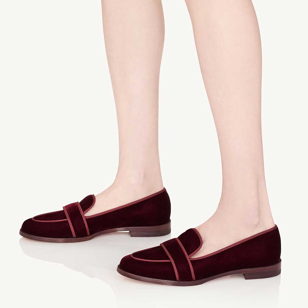 Maroon Velvet Round Toe Chunky Heel Slip-On Loafers Nicepairs