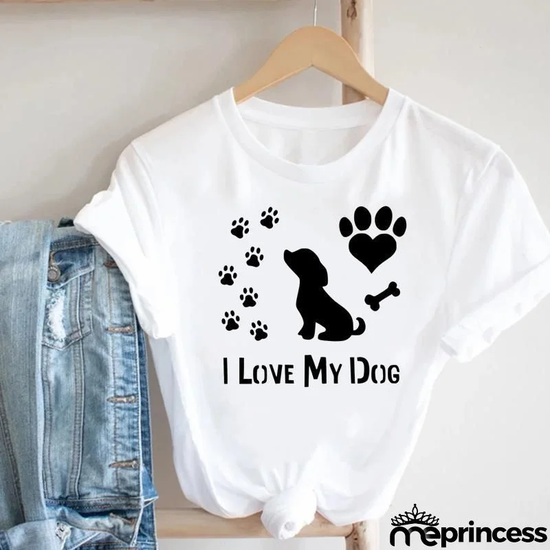 Women Loose Simple Cartoon Cat Footprint Print Round Neck Short Sleeve T-Shirt