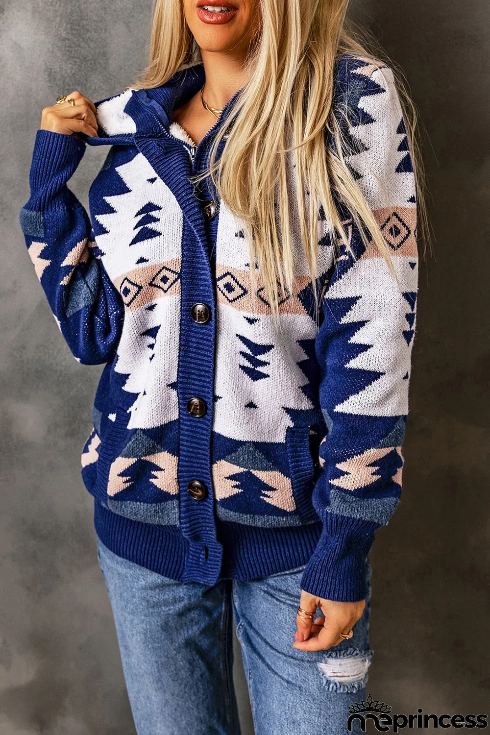 Blue Retro Jacquard Pattern Buttoned Front Hooded Sweater