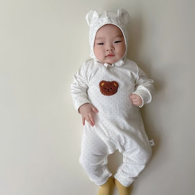 Baby Embroidered Bear Dot Bodysuit with Bonnet