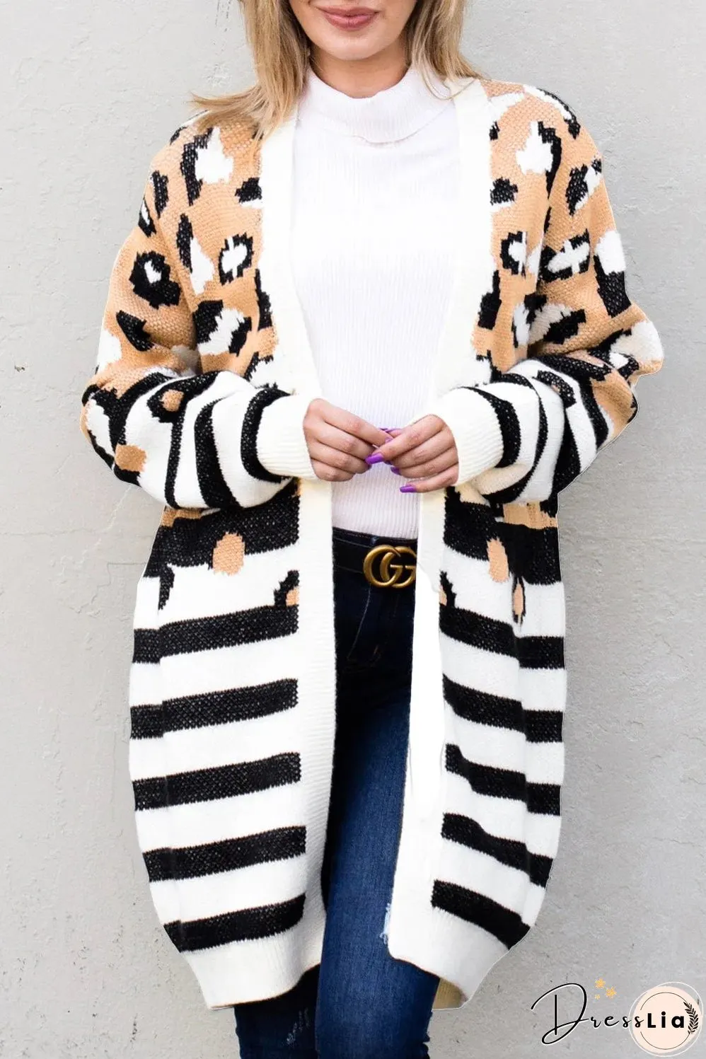 Brown Leopard Striped Mixed Print Open Front Cardigan