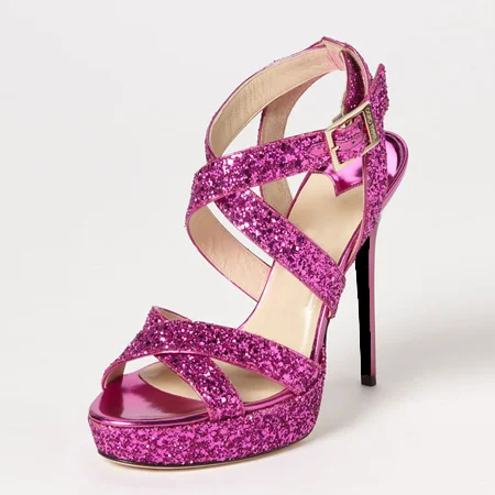 Women's Magenta Glitter Platform Stiletto Heel Cross-over Wedding Sandals |FSJ Shoes