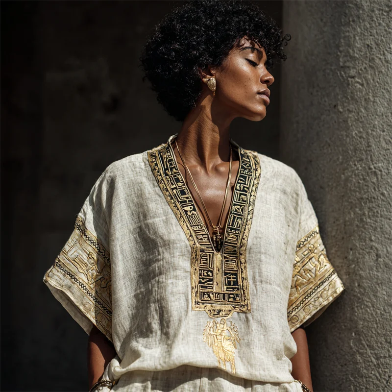 Ancient Egyptian Golden Embroidered Linen Tunic