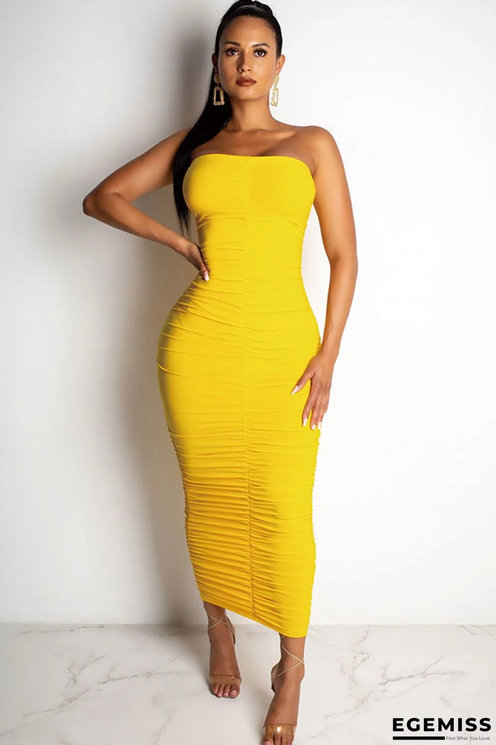 Yellow Fashion Sexy Off The Shoulder Sleeveless Wrapped chest Pleated Ankle-Length Draped Patchwo | EGEMISS