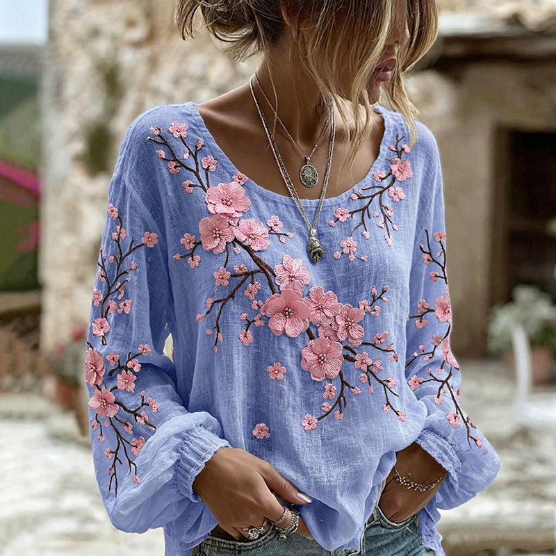 Women's Cherry Blossom Print Crew Neck Long Sleeve Linen Blend T-shirt elevenforest