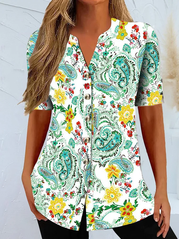 Women's 2024 Vintage Tribal Floral Print Shirt Short Sleeve Single Breasted Shirt Top
