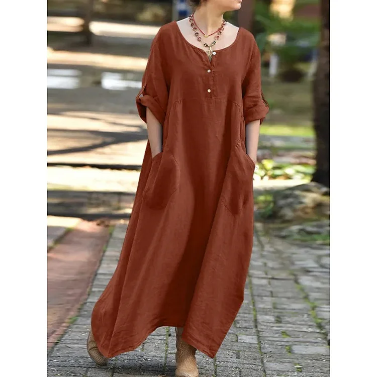 Women's Casual Loose Dress Round Neck Pocket Large Size Cotton and Linen Dress socialshop