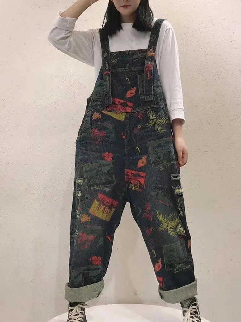 Women's Retro Washed Distressed Loose Graphic Jumpsuit