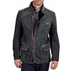Men Vintage Stand Collar Suede Blazer Side Zip Fly Contrast Leather Webbing Medium Length Jacket Coats by Inlyline