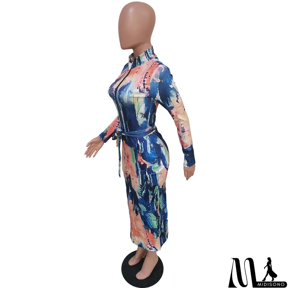 MidiSono - Women's Zip-Up Print Midi Dress (with Belt)