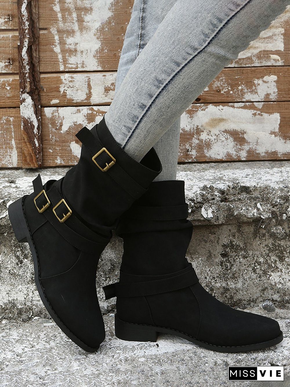 Ruched Buckle Casual Leather Booties