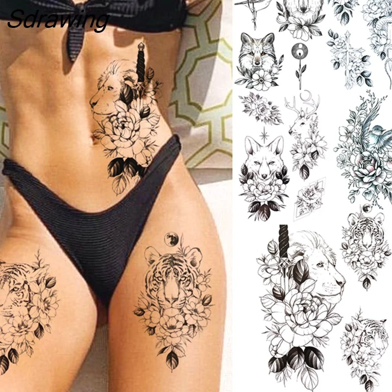 Sdrawing Lion Dahlia Temporary Tattoos For Women Adult Realistic Tiger Wolf Reindeer Snake Bird Fake Tattoo Sticker Washable Tatoos