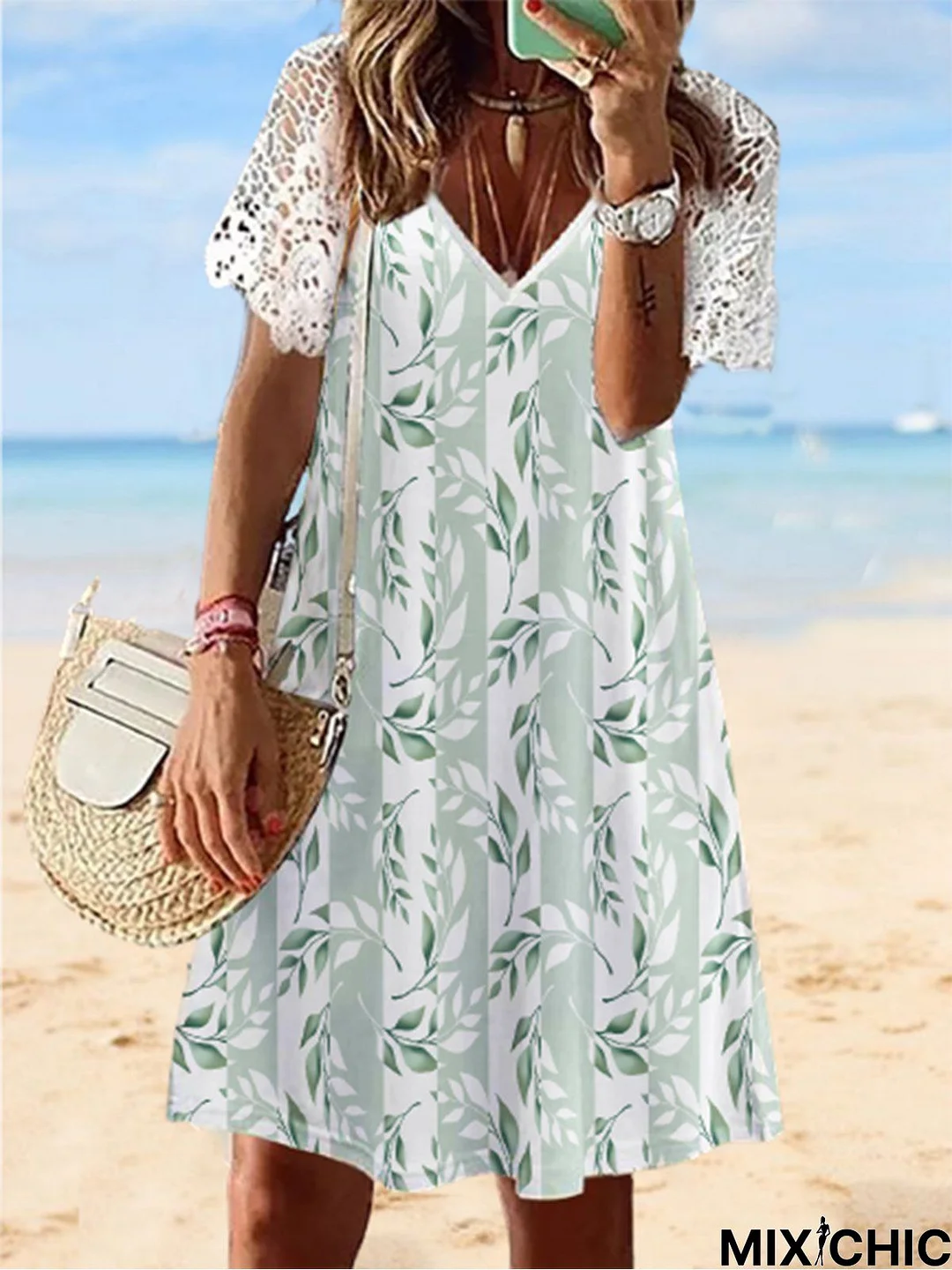 Boho V Neck Floral Short Sleeve Knit Dress