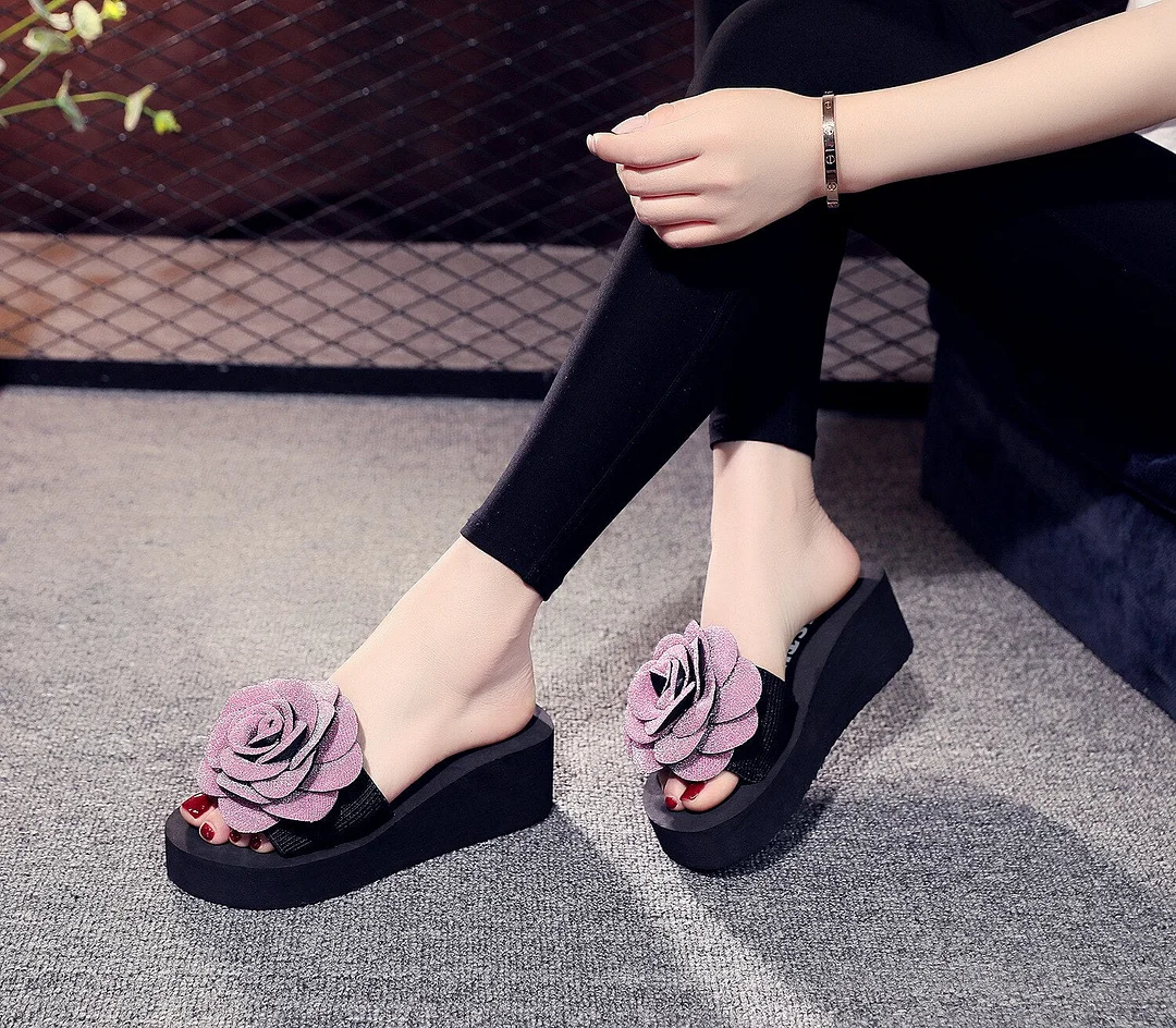 High Heel Wedges Slippers For Elegant Women Summer Romantic Valentine Beach Casual Shoes Female Outdoor Open Toe Flower Slipper