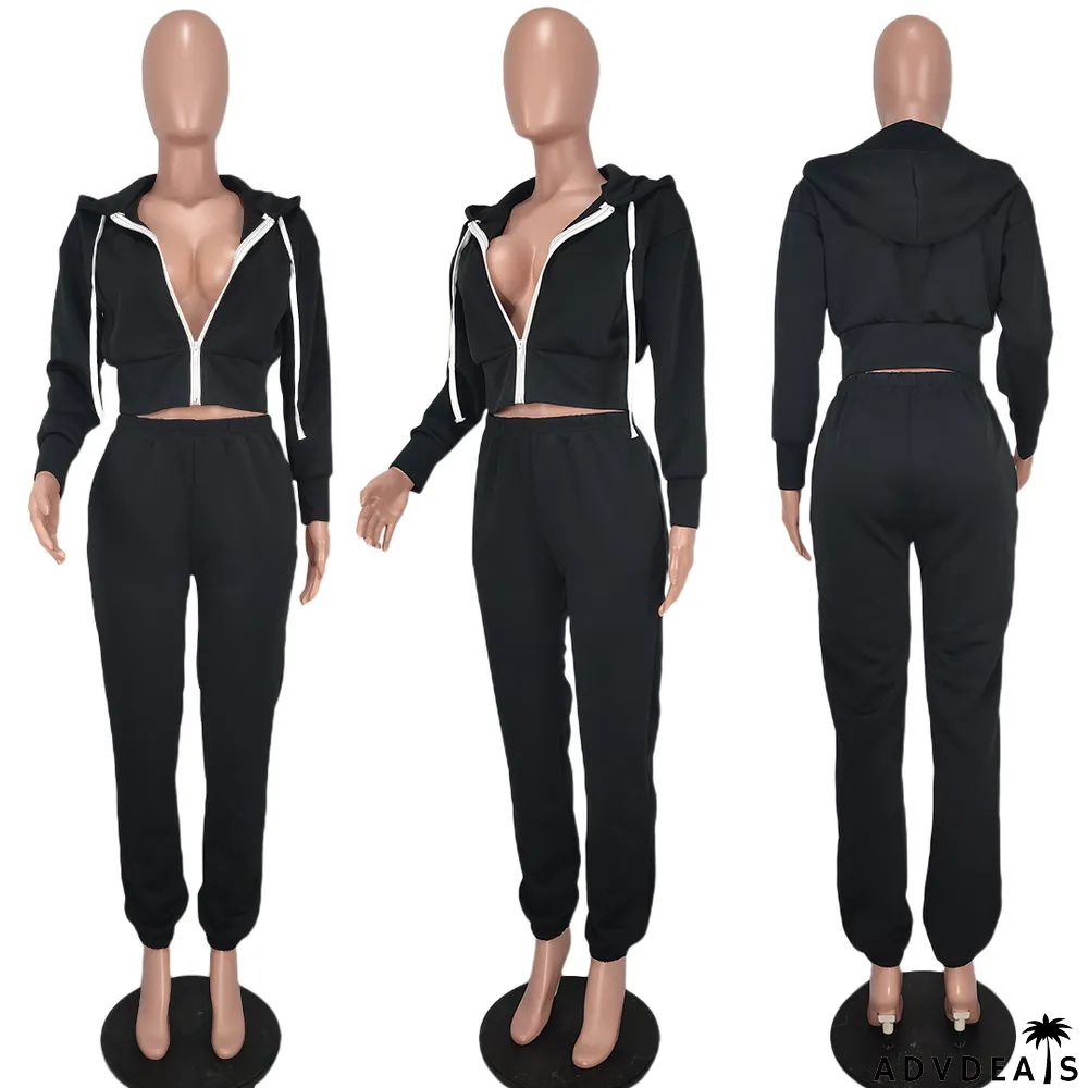 Solid Zipper Long Sleeve Two Piece Pants Set