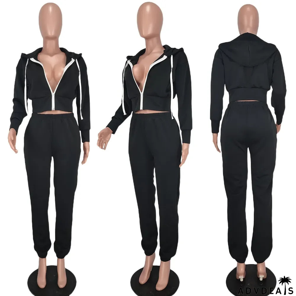 Solid Zipper Long Sleeve Two Piece Pants Set