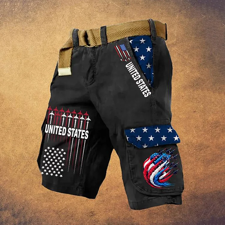 Man's Vintage American Flag Jet Plane Print Cargo Shorts