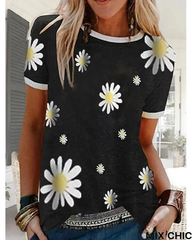 Women's T-Shirt Floral Graphic Prints Flower Round Neck Tops Basic Top Black Blue Red