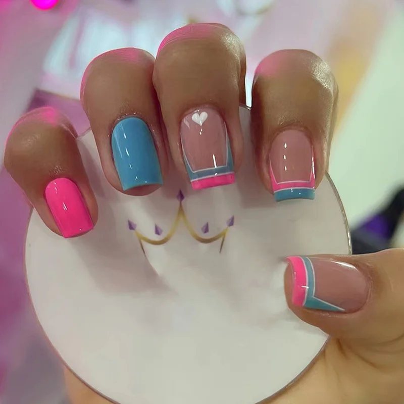 Churchf Churchf And Blue Contrast Color French Rectangular Solid Color Nail Double Spell Mandarin Duck Color Wearing A Love A Piece