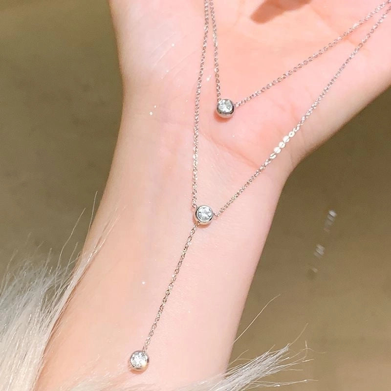 Casual Minimalist Round Titanium Steel Zircon Inlay Double Layer Necklaces