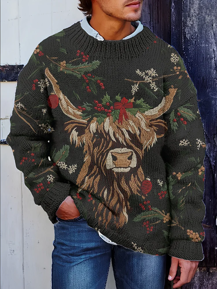 Men's Christmas Holly Highland Cattle Embroidery Print Knit Sweatshirt