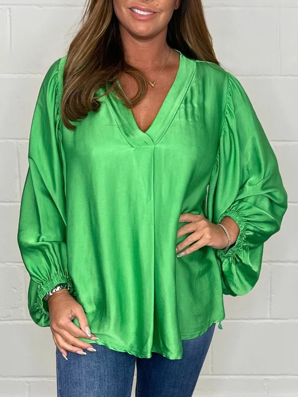Green Silky V Neck Oversize Top Shirt