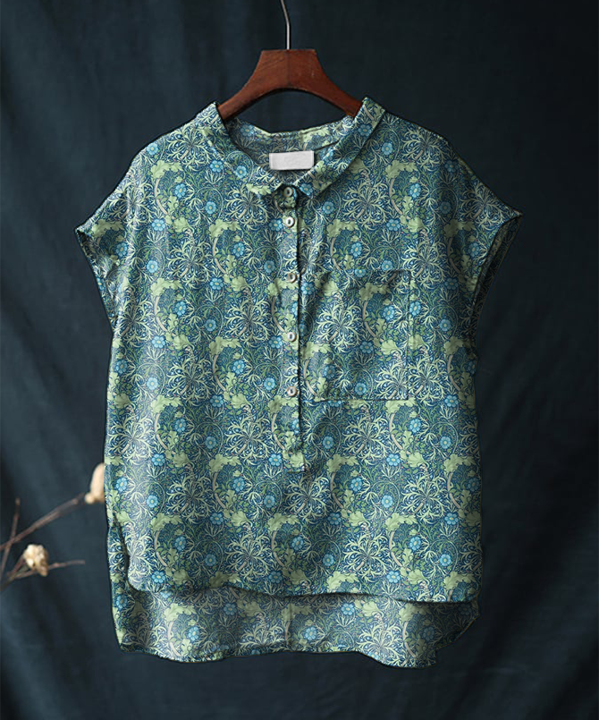 Vintage Floral Print Cotton and Linen Short-sleeved Casual Shirt