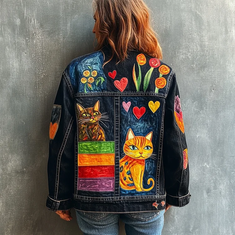VChics Women's Pop Art Cat Fun Pattern Denim Jacket